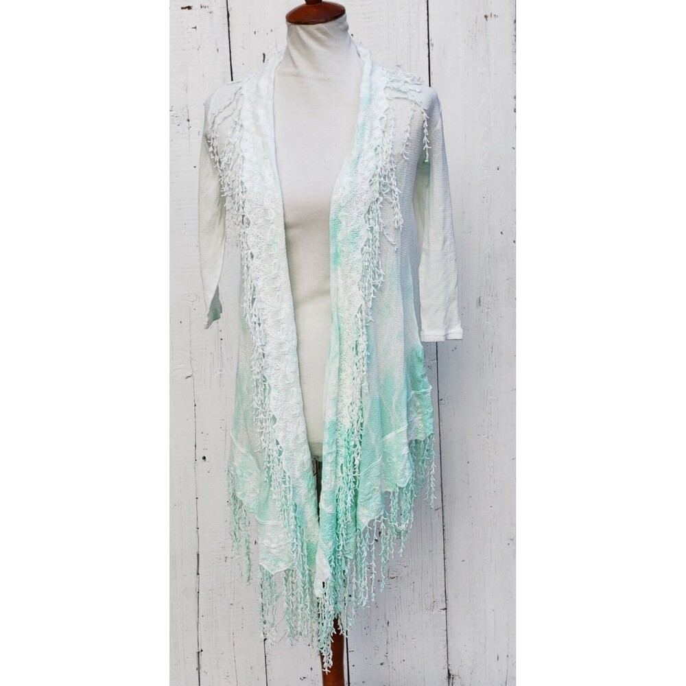 XCVI Womens White Aqua Boho 3/4 Sleeve 100% Cotton Open Cardigan Sz S